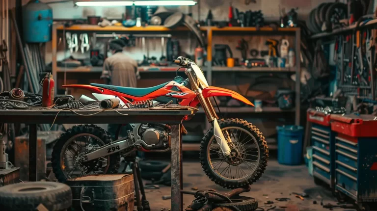 Orange dirt bike in workshop, an example of affordable off-road vehicles from Coolster