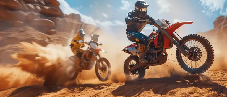 Dirt bike riders in sand, an example of affordable off-road vehicles from Coolster