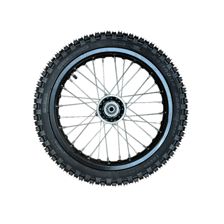 A Front Wheel for QG-214 / QG-214-S-2 / QG-214-FC 125cc Dirt Bike (WHF-13) (MGM-AQ003) on a white background.