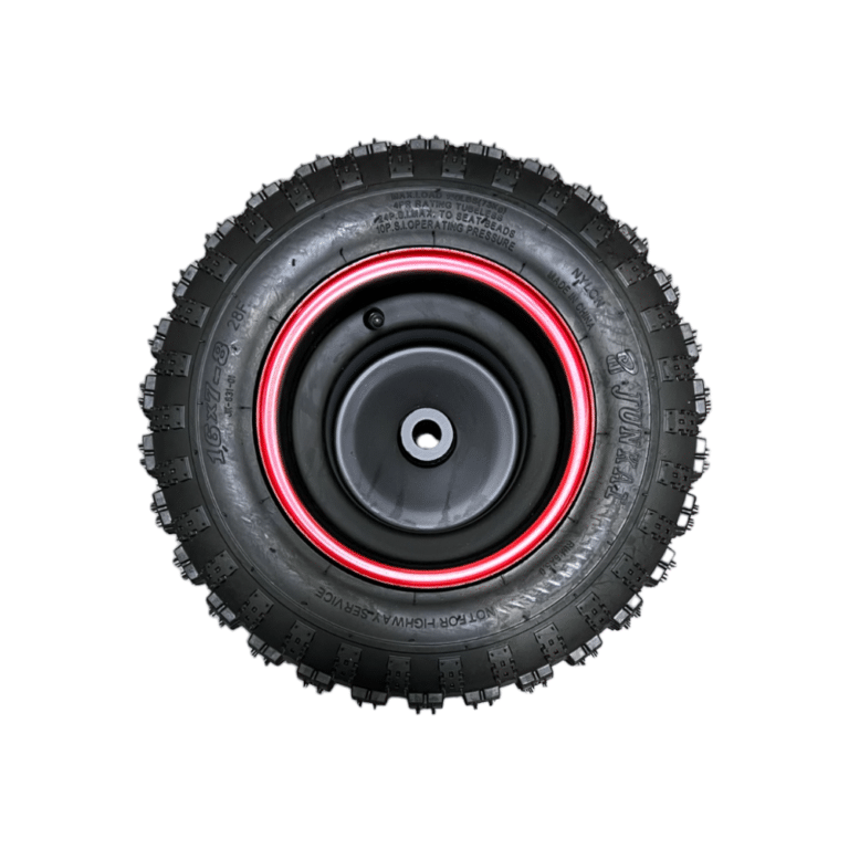 A black Front Wheel for 6125B 125CC Go Kart (16x6-8) (WHF-32) with green rims, suitable for a 125cc Go Kart, on a white background.
