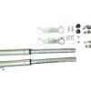 Assorted metal automotive parts arranged on a white background, including Front Fork QG-50 (FO-23) (MGM-CA012) and small hardware components.