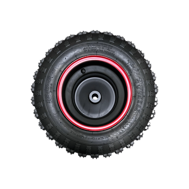 A black Front Wheel for 6125B 125CC Go Kart (16x6-8) (WHF-32) with green rims, suitable for a 125cc Go Kart, on a white background.