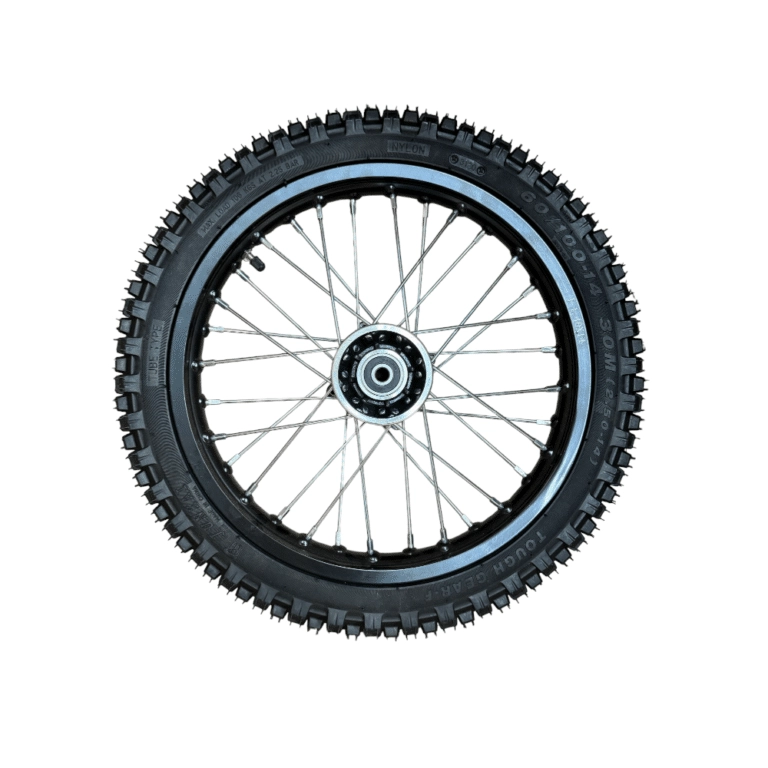A Front Wheel for QG-214 / QG-214-S-2 / QG-214-FC 125cc Dirt Bike (WHF-13) (MGM-AQ003) on a white background.