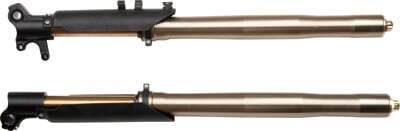 A black and gold Front Suspension 214X-X-140 : 700mm (MGM-CC012) pair with a bracket on a white background.