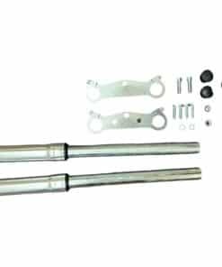 Assorted metal automotive parts arranged on a white background, including Front Fork QG-50 (FO-23) (MGM-CA012) and small hardware components.