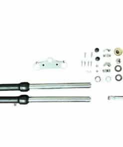 Front Fork Suspension 214-2 (FO-10) (MGM-CA018) and a variety of small hardware components including screws, nuts, and washers, neatly arranged on a white background with brackets.