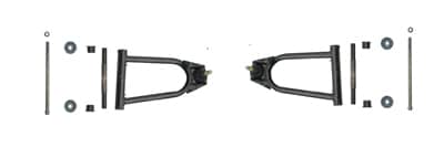 A pair of door hinges with a black Front A-Arm for 3200, 3250B (MGM-JA006) on a white background.