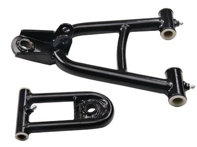 A pair of black front and rear axles on a white background featuring Front A-Arm for 6250, 6150 (FAA-1) (MGM-JA009).