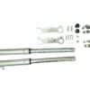 Assorted metal automotive parts arranged on a white background, including Front Fork QG-50 (FO-23) (MGM-CA012) and small hardware components.